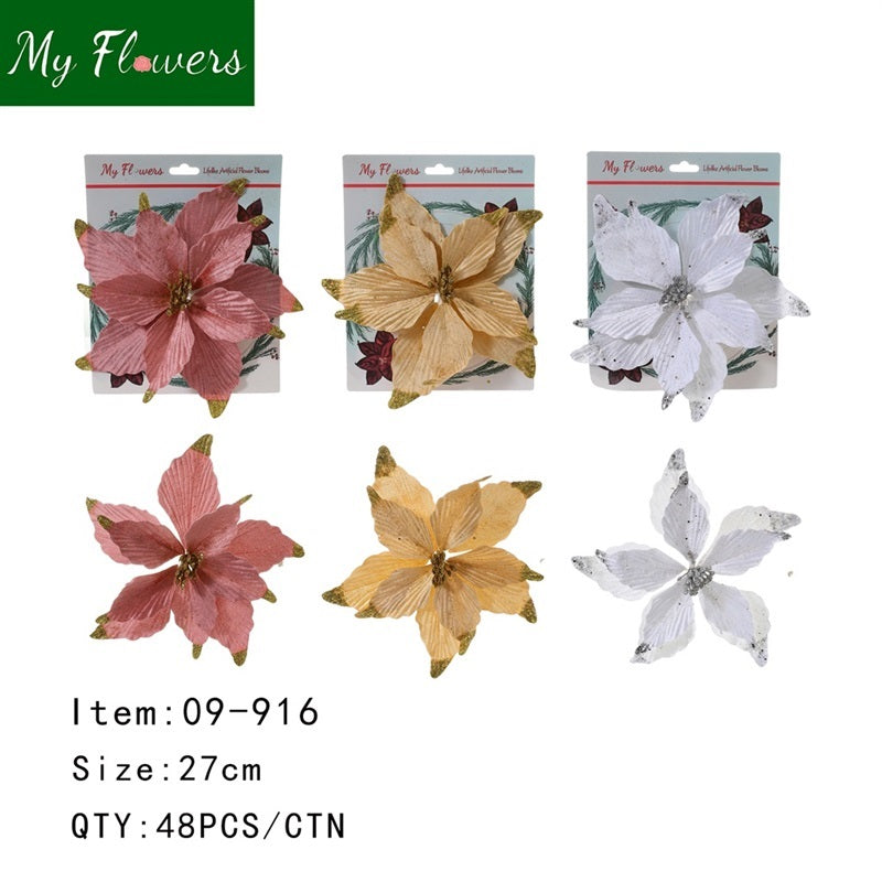 Christmas Poinsettia Flower on a Clip Gold/Silver/Red Mix - 48 Pcs/Case