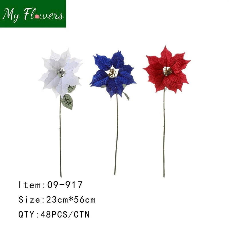 Christmas Poinsettia Stem Red/White/Blue Mix - 48 Pcs/Case