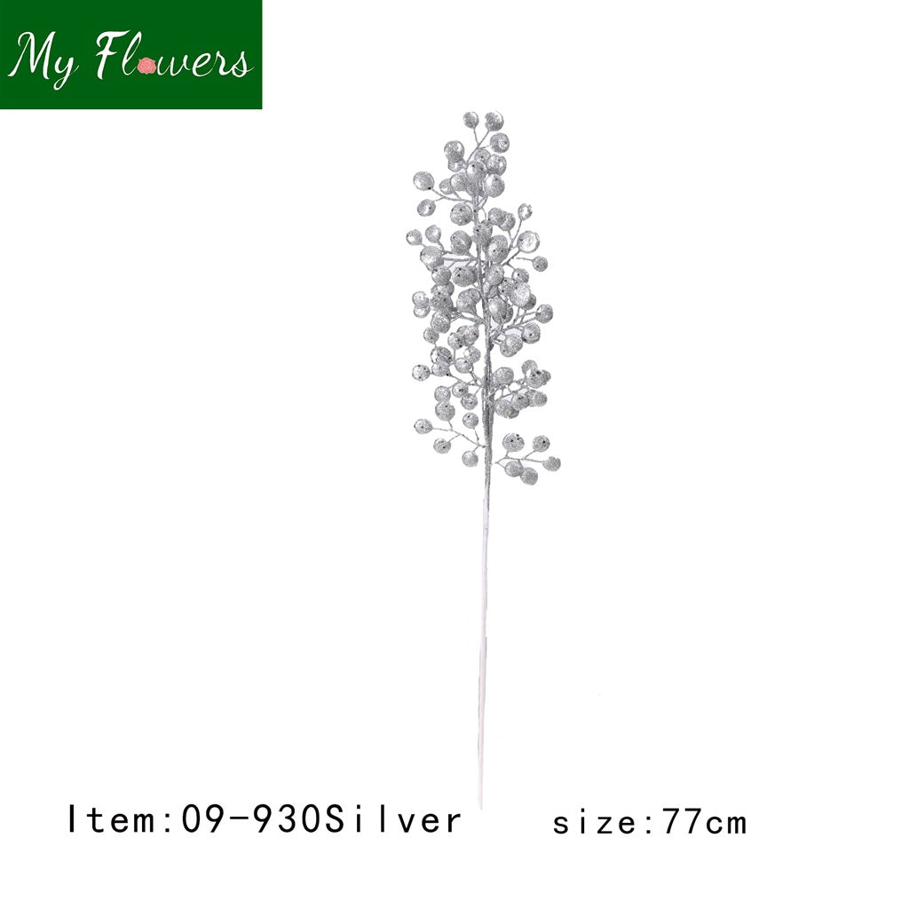 Silver Christmas Metallic Glitter Holly Stems