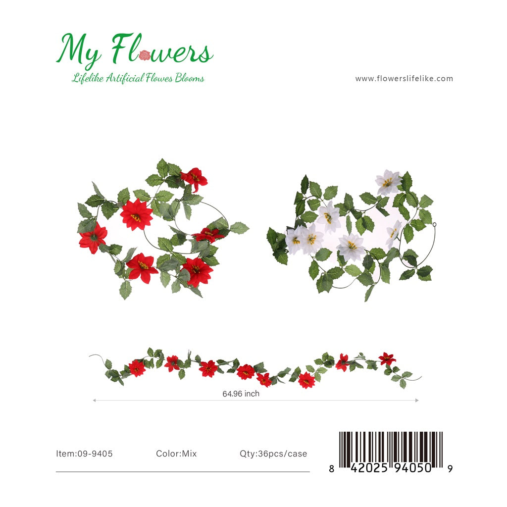 6 Heads Christmas Poinsettia Garland