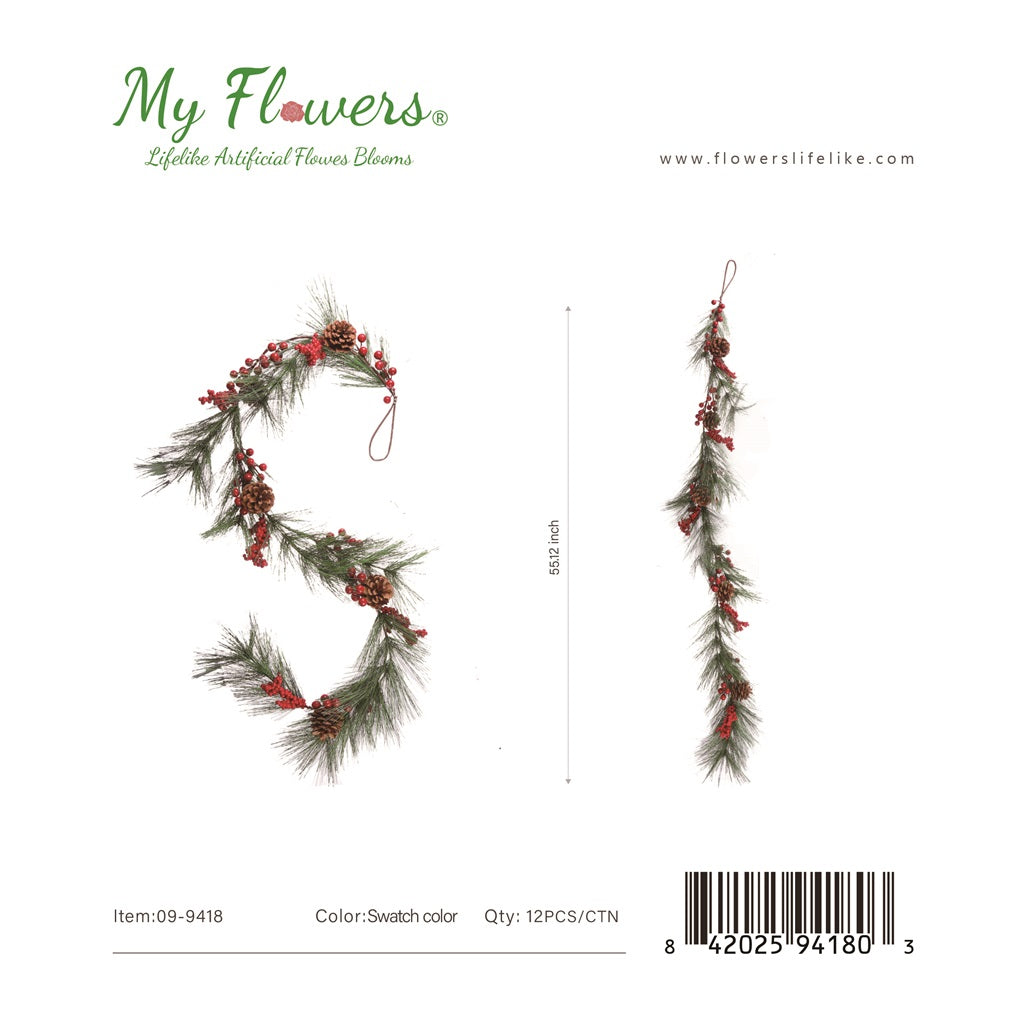 55" Christmas Berry & Pinecone Garland