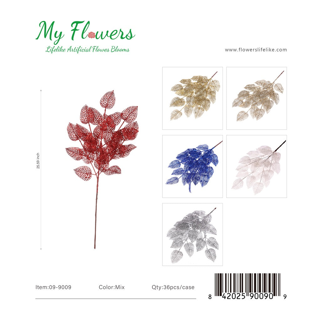 25.6" Artificial Glitter Magnolia Leaf Mixed Colors - 36 Pcs/Case