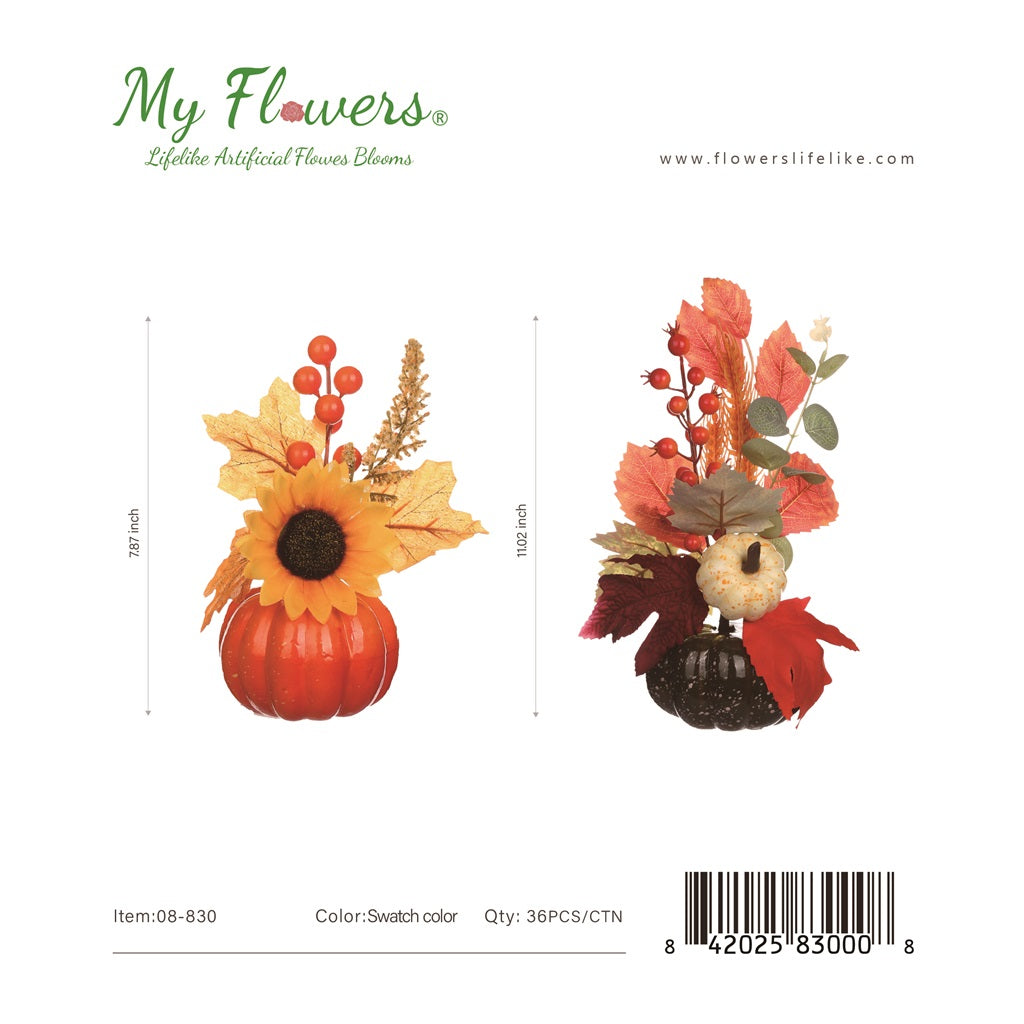 11" Mix Artificial Pumpkin with Flower and Maple Leaf - 36 Pcs/Case