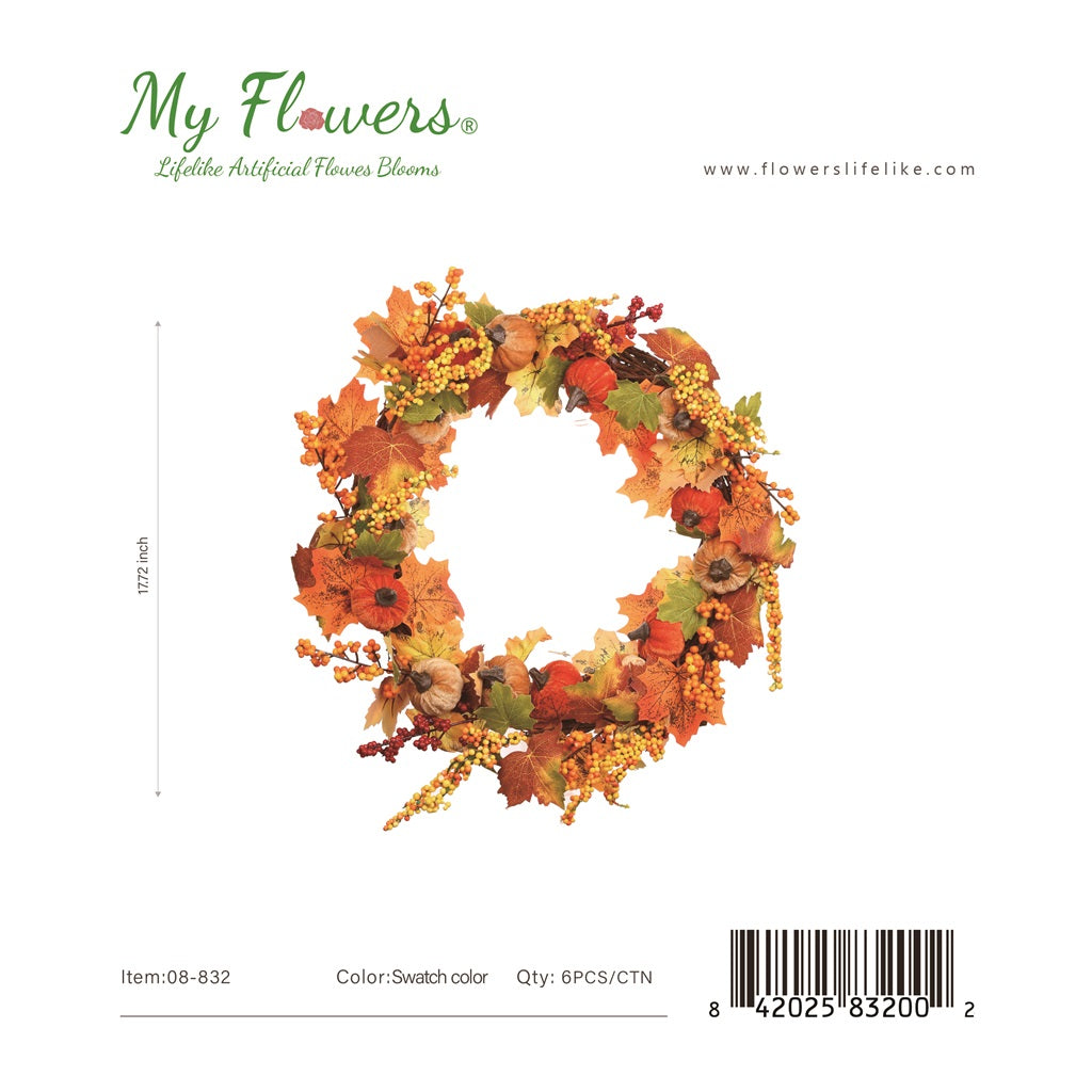 17.7" Autumn Wreath with Spray - 6 Pcs/Case