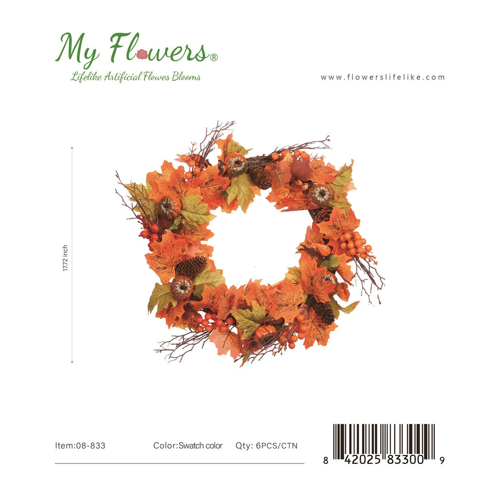 17.7" Autumn Wreath with Pumpkin and Spray - 6 Pcs/Case