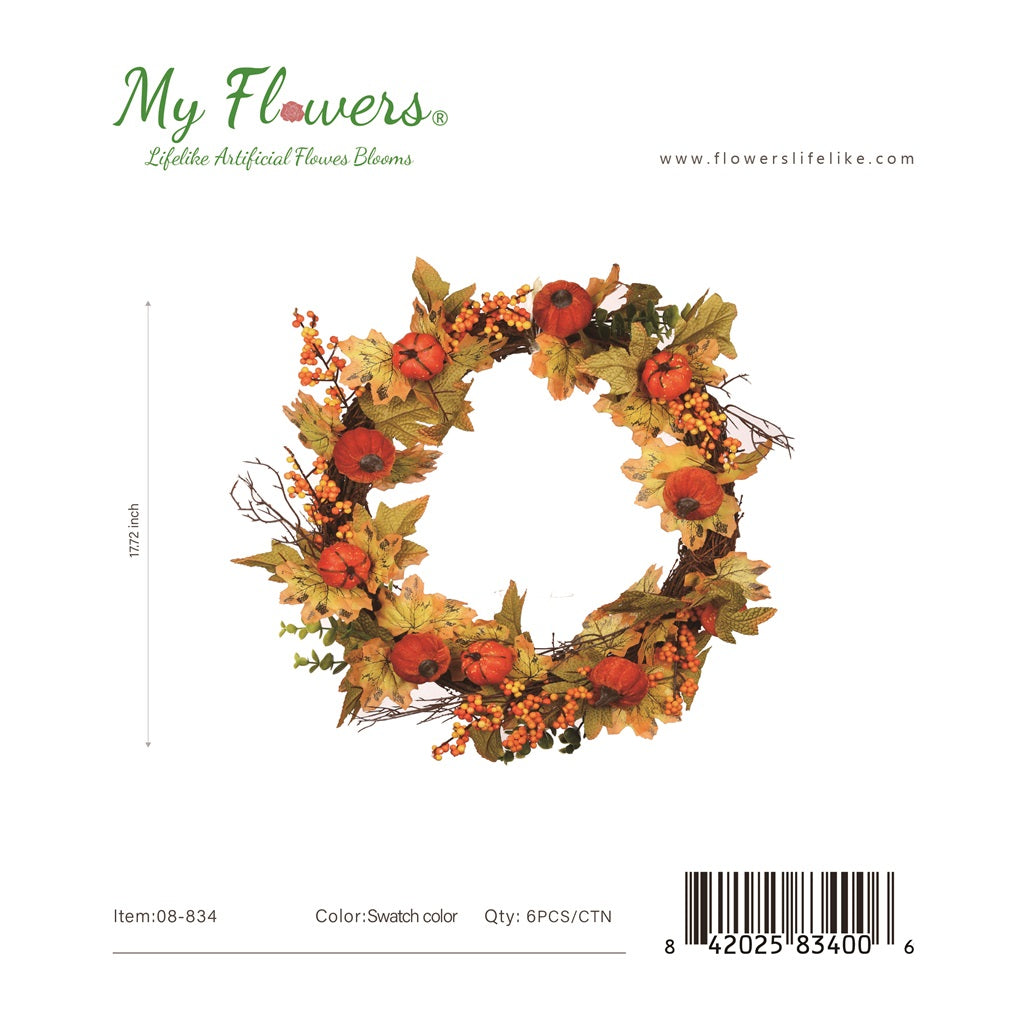17.7" Autumn Wreath with Pumpkin - 6 Pcs/Case