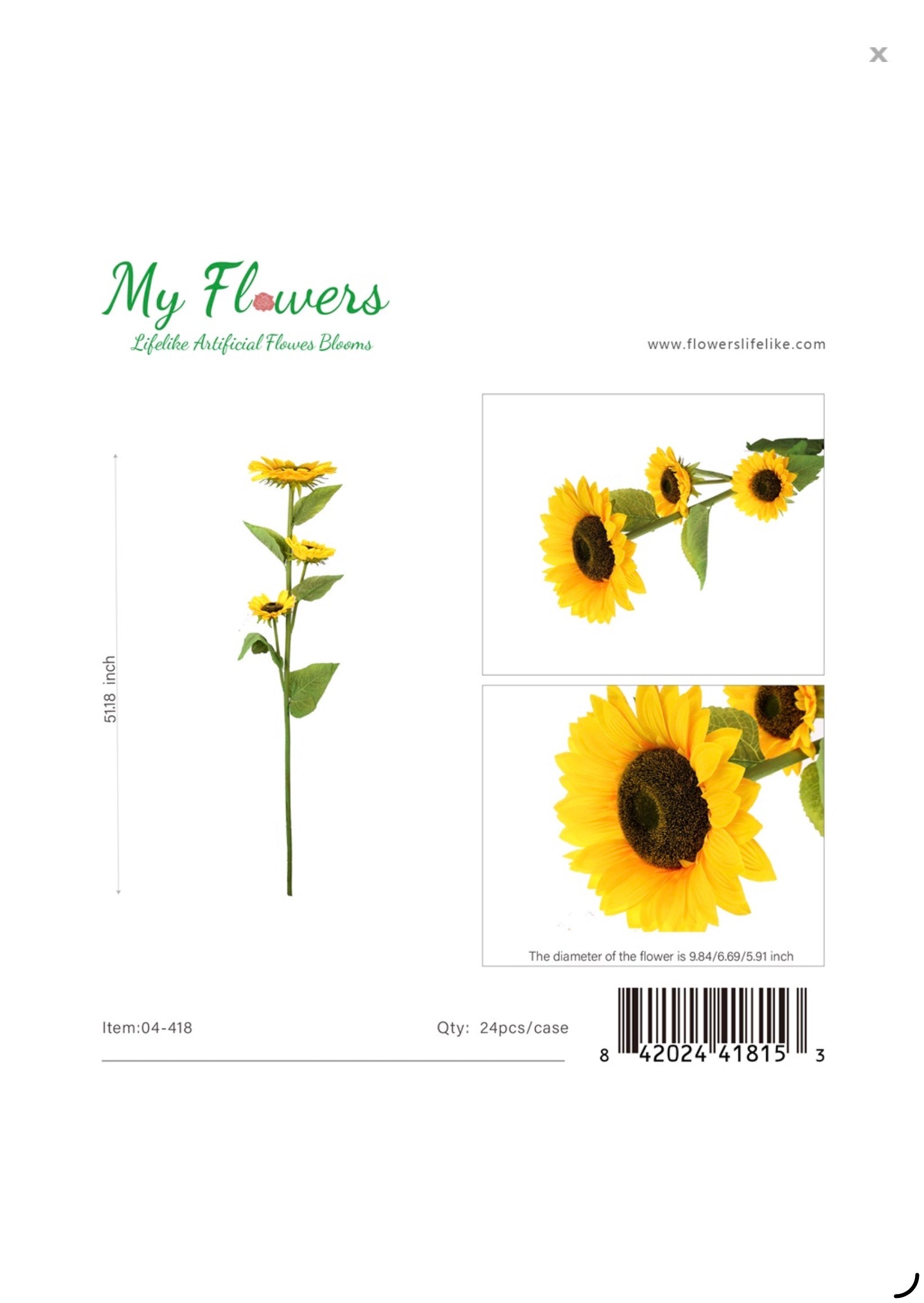 3 Head Real Touch Sunflower Stem 51" – Box of 24