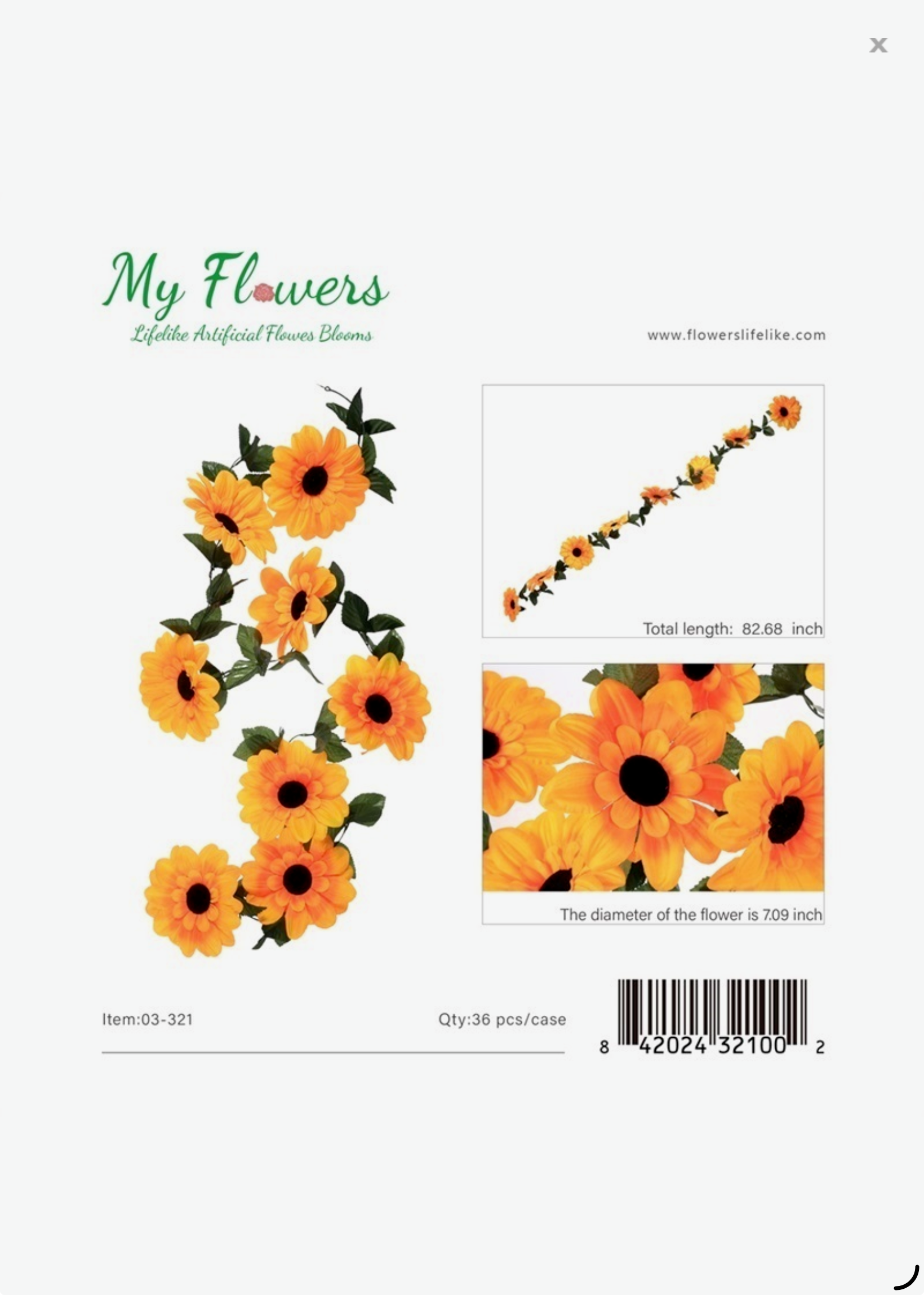 8 Head Artificial Sunflower Hanging Flower Garland - Box of 36