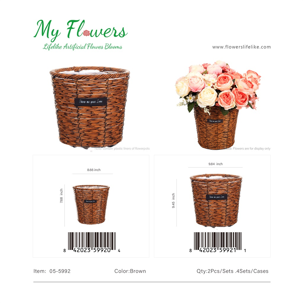 Brown Rattan Wicker Tapered Basket Vase Set 9.84x9.45 inch - MyFlowers 05-5992