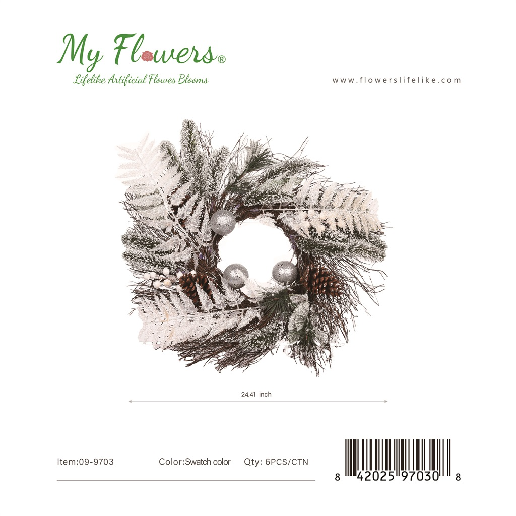 24.4 inch Frosted Winter Christmas Wreath with Silver Ornament Balls and Pinecones - MyFlowers line