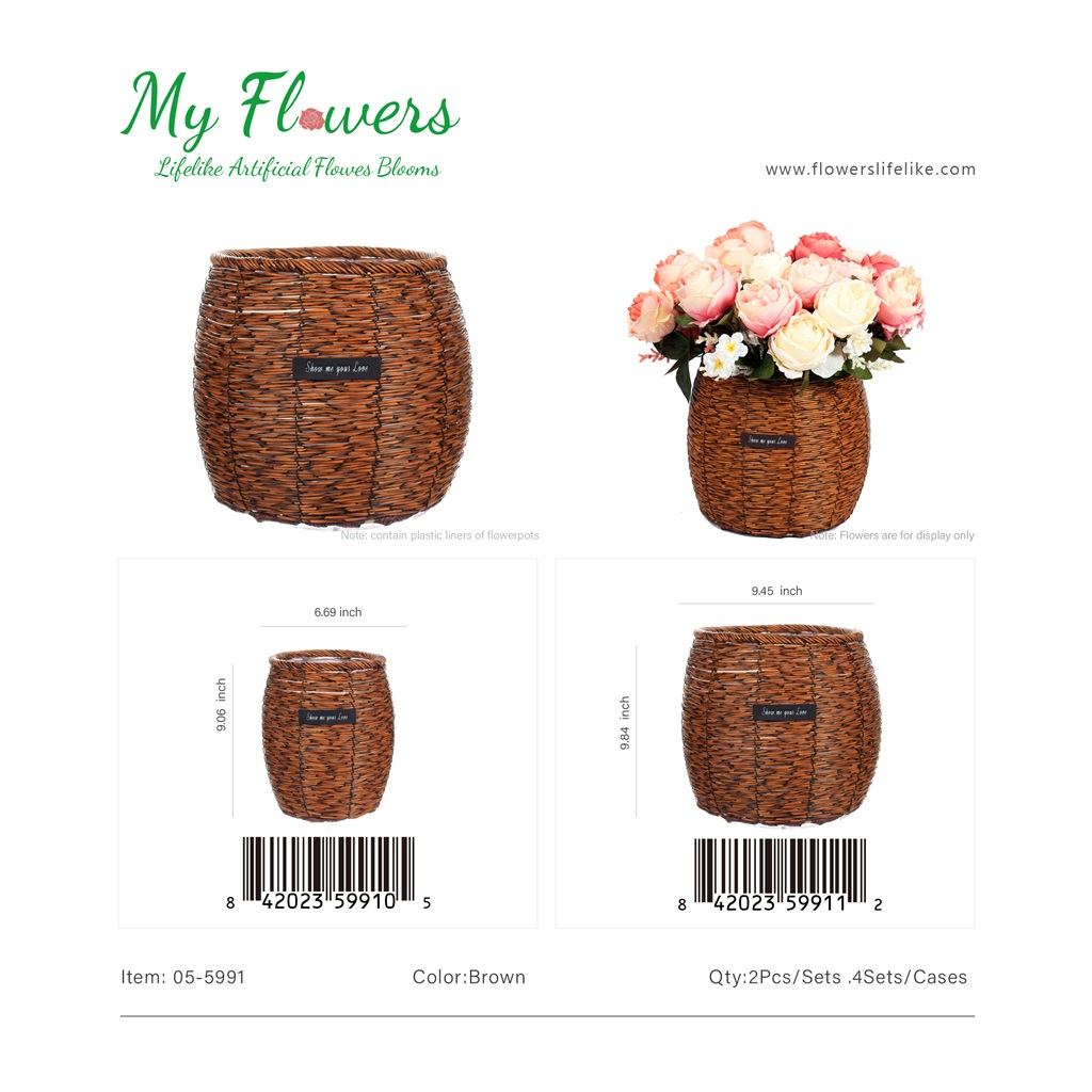 Brown Rattan Wicker Barrel Basket Vase Set 9.45x9.84 inch - MyFlowers 05-5991