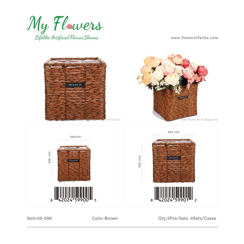 Brown Square Woven Rattan Basket Planter Chalkboard Tag Set of 2 - MyFlowers 05-599