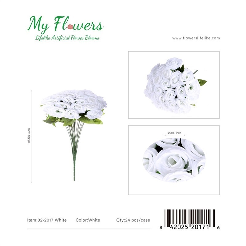 16.54 inch 24-Head White Round Rose Bush Artificial Flower Bouquet - MyFlowers line