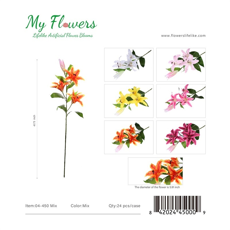 Mix Color Artificial Lily Stem 3 Flowers 1 Bud 41.73 inch - MyFlowers 04-450 Mix