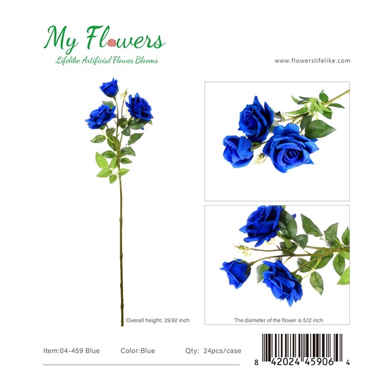 Blue 3-Head Real Touch Rose Artificial Stem 29.92 inch - MyFlowers 04-459 Blue