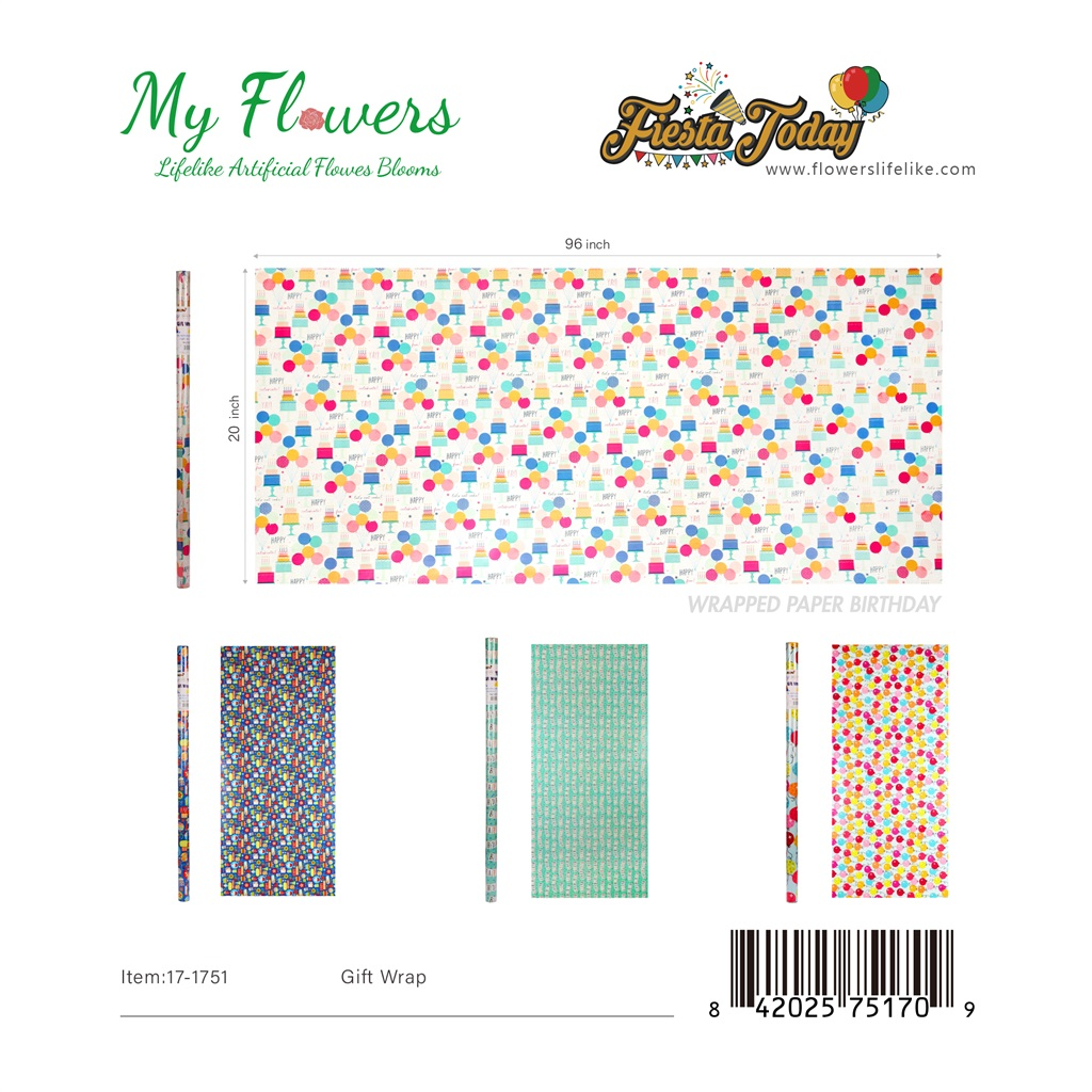 Birthday Gift Wrapping Paper Roll 20sqft 50gsm Mix Designs - MyFlowers 17-1751