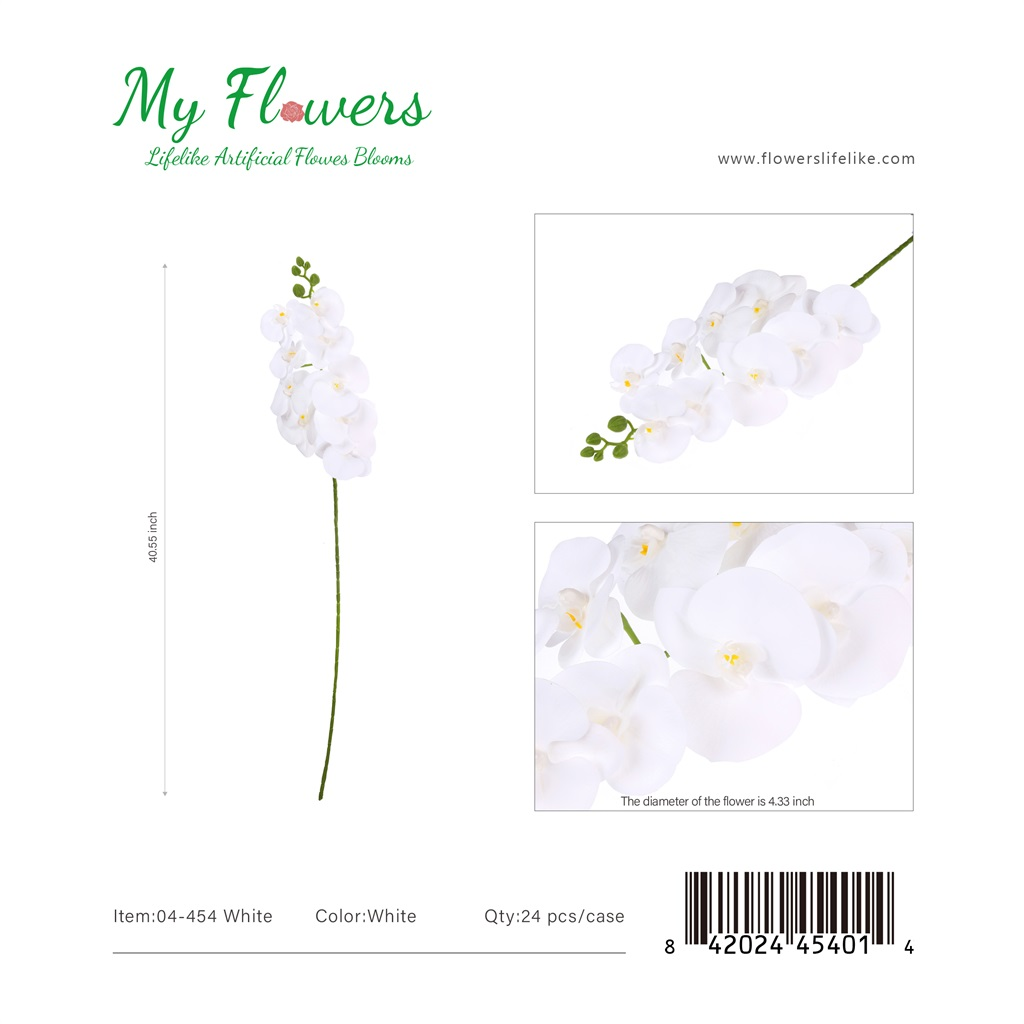 White 9-Head Artificial Phalaenopsis Orchid Stem 40.55 inch - MyFlowers 04-454 White