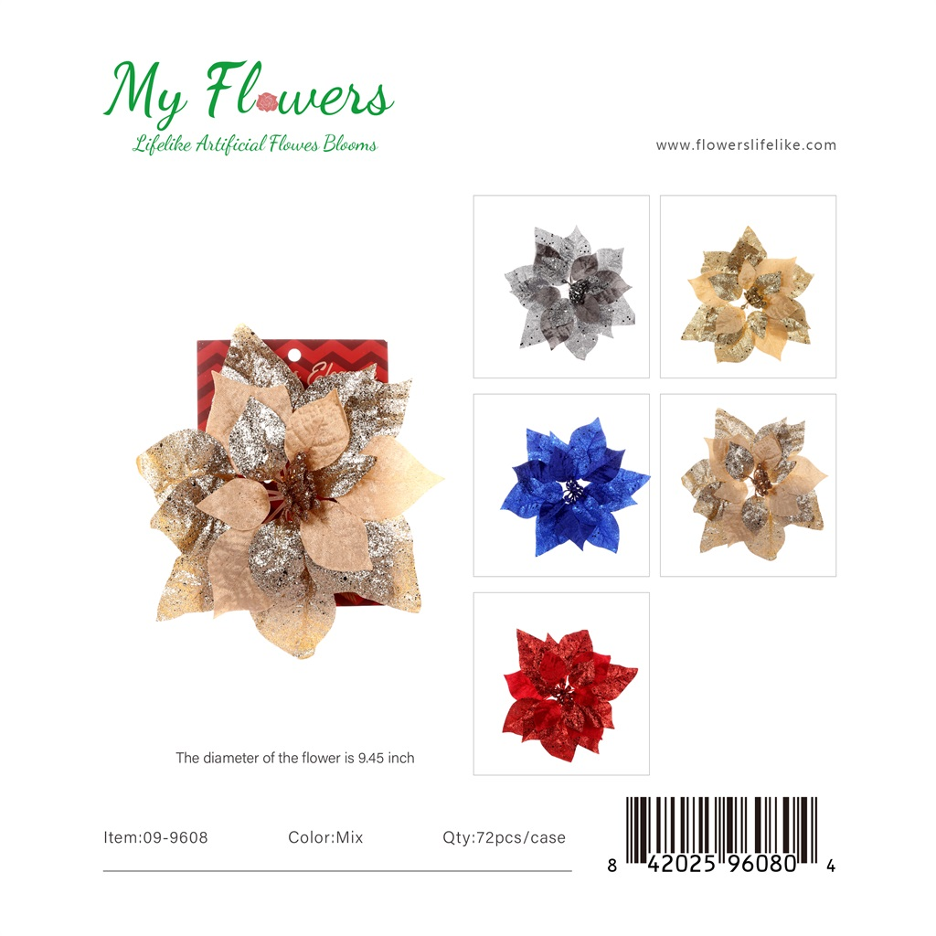 9.5 inch Christmas Layered Glitter Poinsettia Flowers in Silver, Gold, Blue, Champagne and Red - MyFlowers line