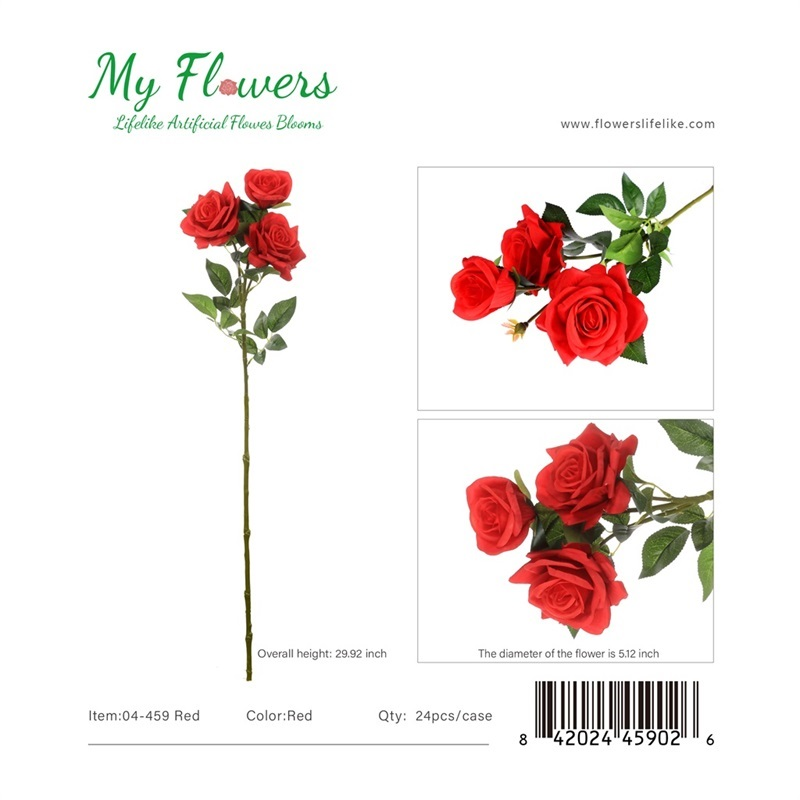 Red 3-Head Real Touch Rose Artificial Stem 29.92 inch - MyFlowers 04-459 Red