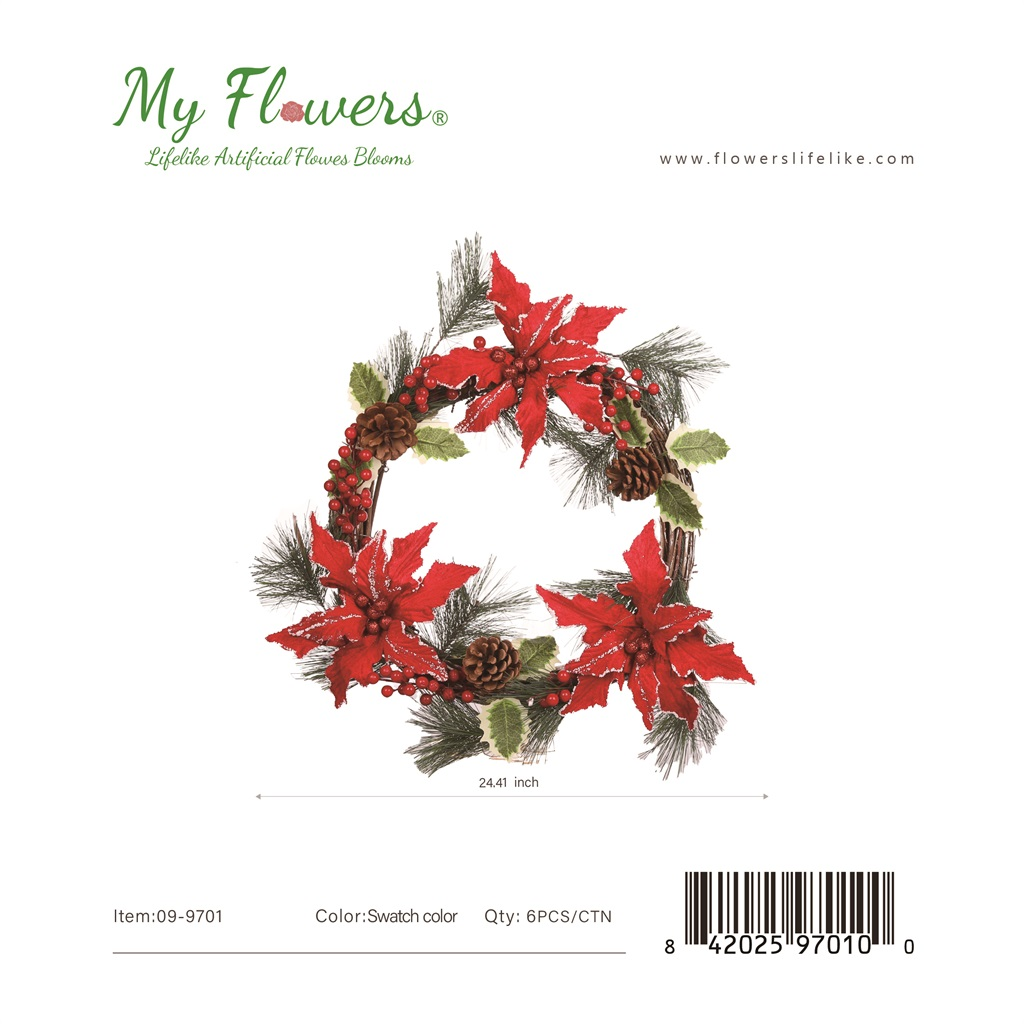 24.4 inch Christmas Wreath with Pine Spray, Red Poinsettias, Berries and Pinecones - MyFlowers line