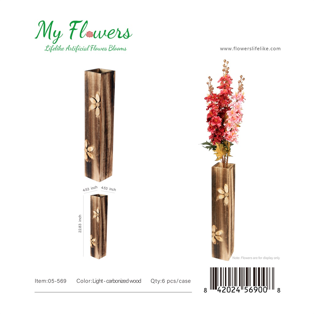 Light Carbonized Wood Tall Floor Vase with Flower Emboss 22.83 inch - MyFlowers 05-569