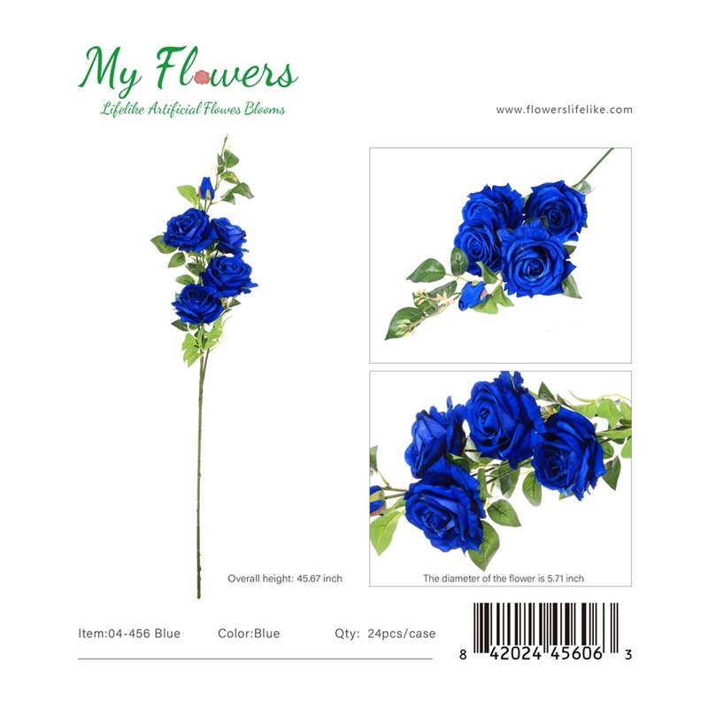 Blue 5-Head Real Touch King Rose Artificial Stem 45.67 inch - MyFlowers 04-456 Blue