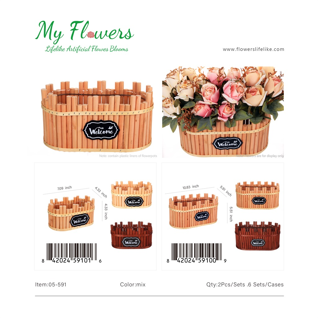 Mix Color Oval Wood Stick Barrel Basket Planter Set Welcome Tag - MyFlowers 05-591