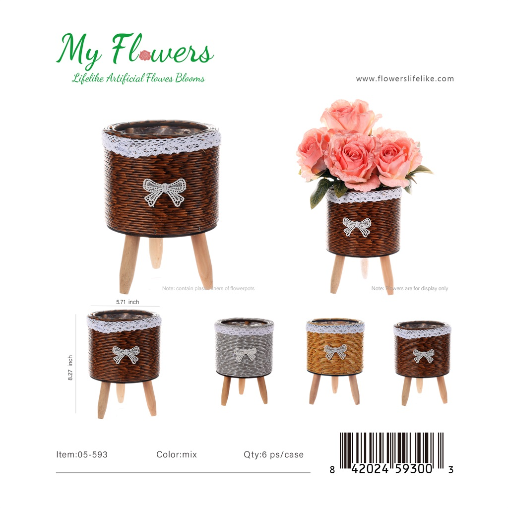 Mix Color Round Woven Cylinder Basket Planter on Wood Legs Lace Trim Bow 5.71x8.27 inch - MyFlowers 05-593