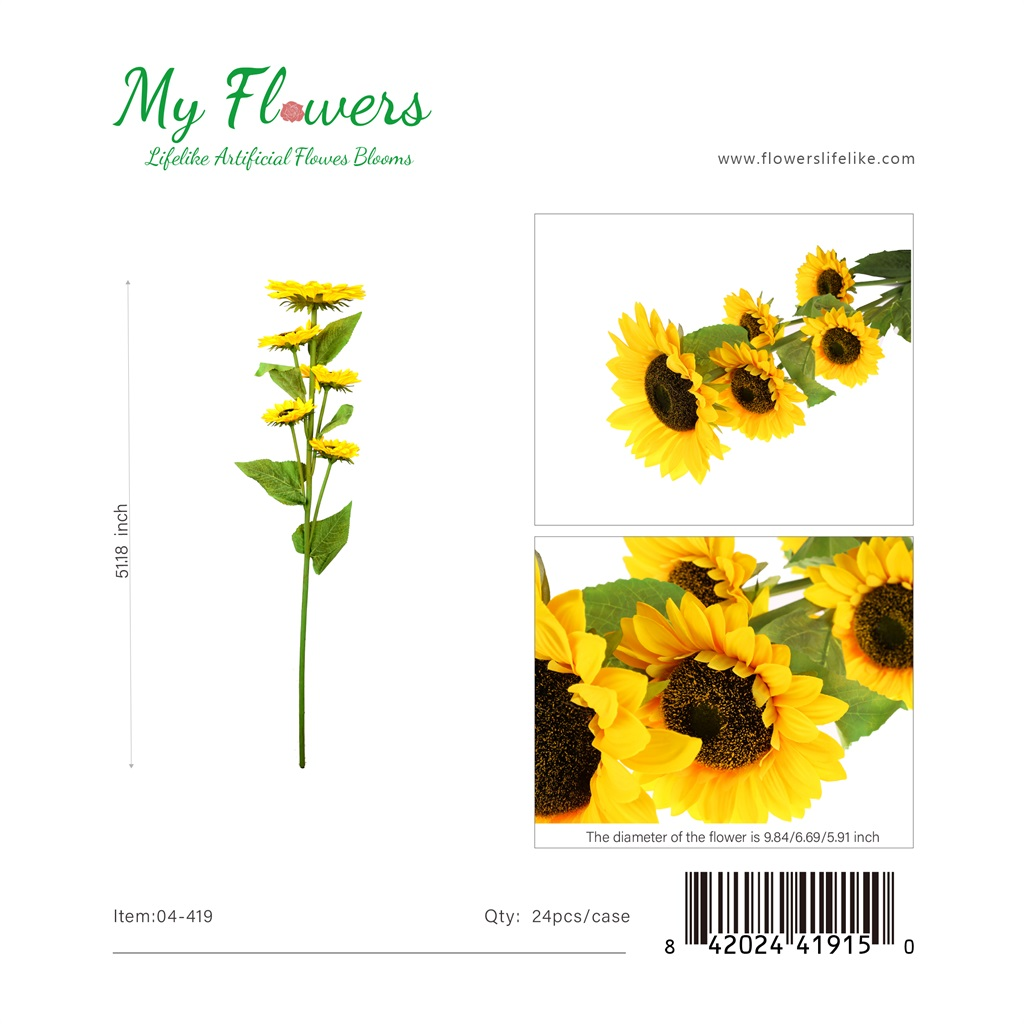 Yellow 5-Head Real Touch Sunflower Artificial Stem 51.18 inch - MyFlowers 04-419