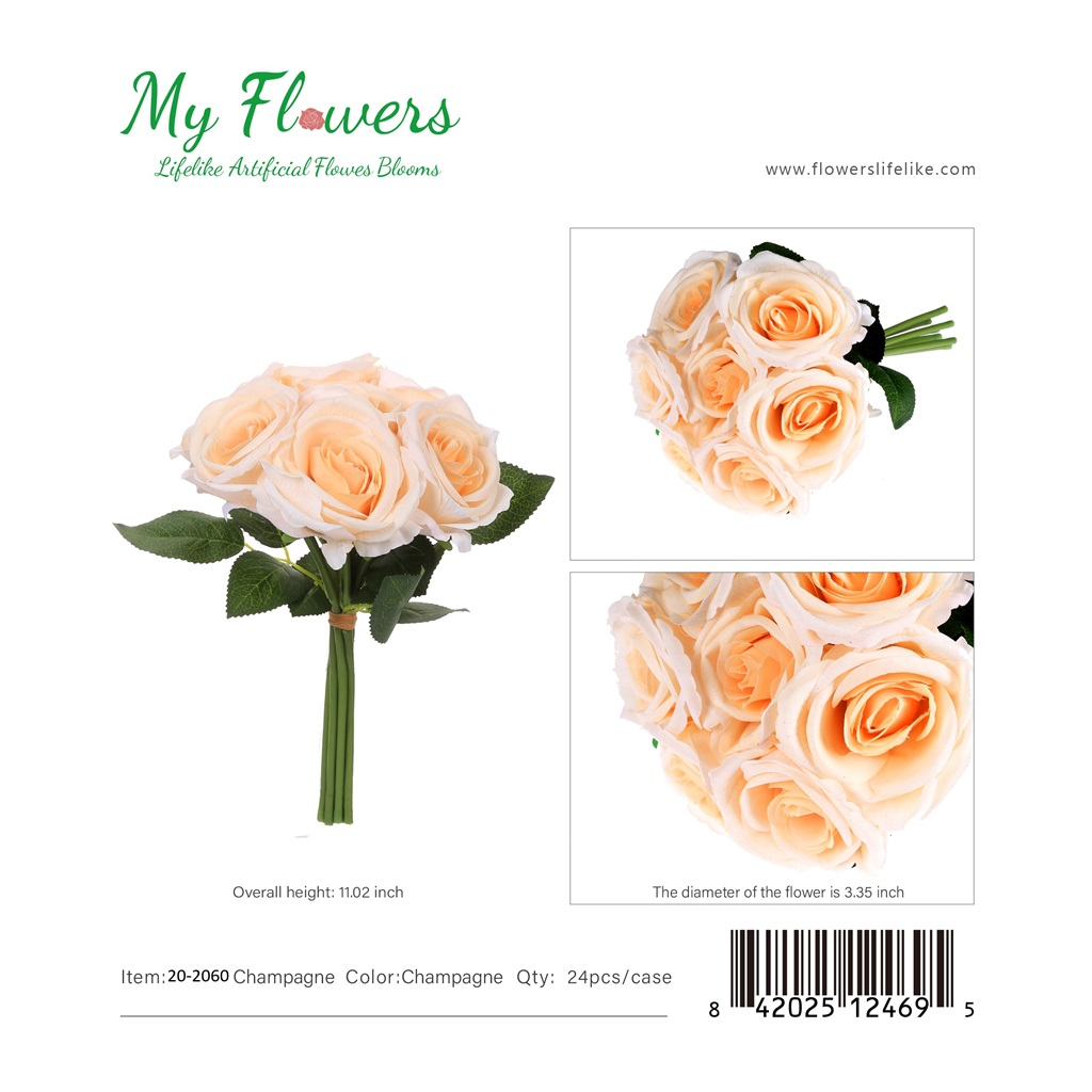 11.02 inch 7-Head Real Touch Champagne Rose Bouquet - MyFlowers line