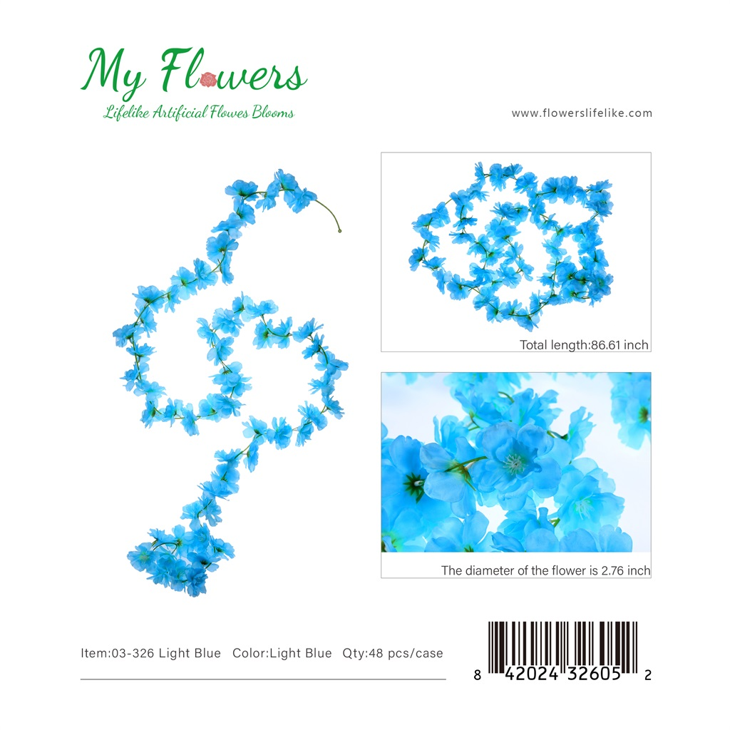 86.61 inch 56-Head Light Blue Cherry Blossom Artificial Hanging Flower Garland - MyFlowers line