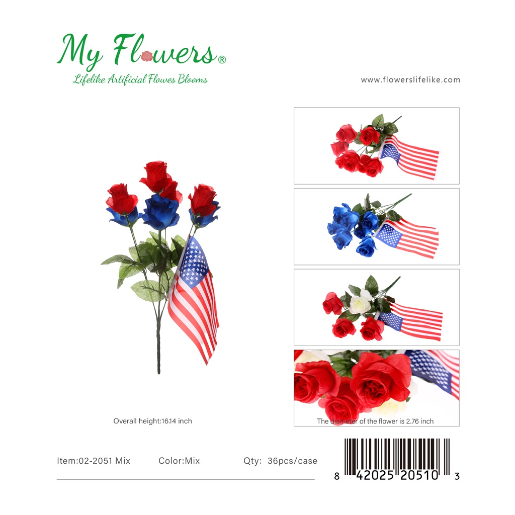 16.14 inch 7-Head Patriotic Rose Bouquet with American Flag in Mixed Colors - MyFlowers line