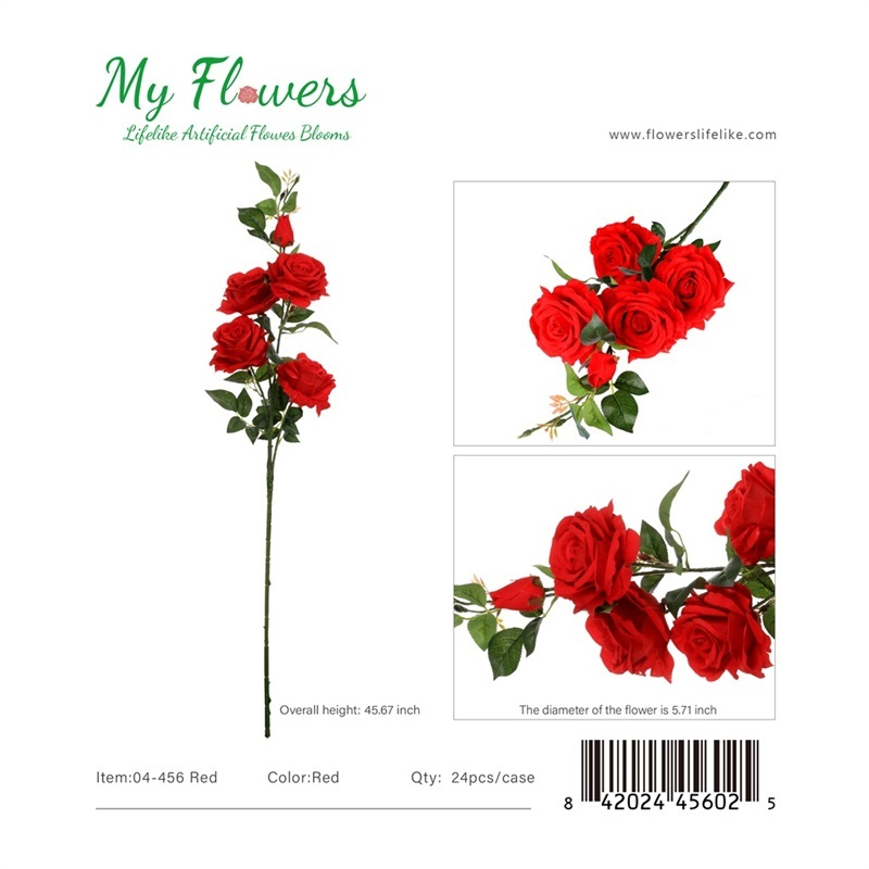 Red 5-Head Real Touch King Rose Artificial Stem 45.67 inch - MyFlowers 04-456 Red