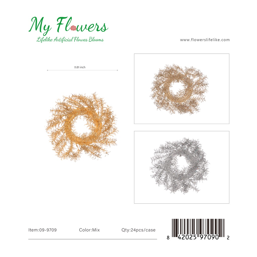 12 inch Metallic Wispy Fern Christmas Wreaths in Gold, Champagne and Silver - MyFlowers line