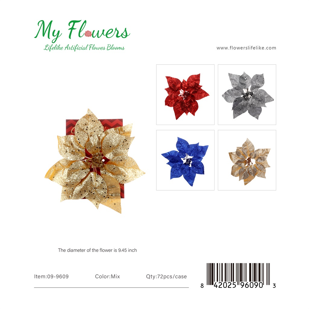 9.5 inch Christmas Metallic Cut-Out Glitter Poinsettia Flowers in Gold, Red, Silver, Blue and Champagne - MyFlowers line
