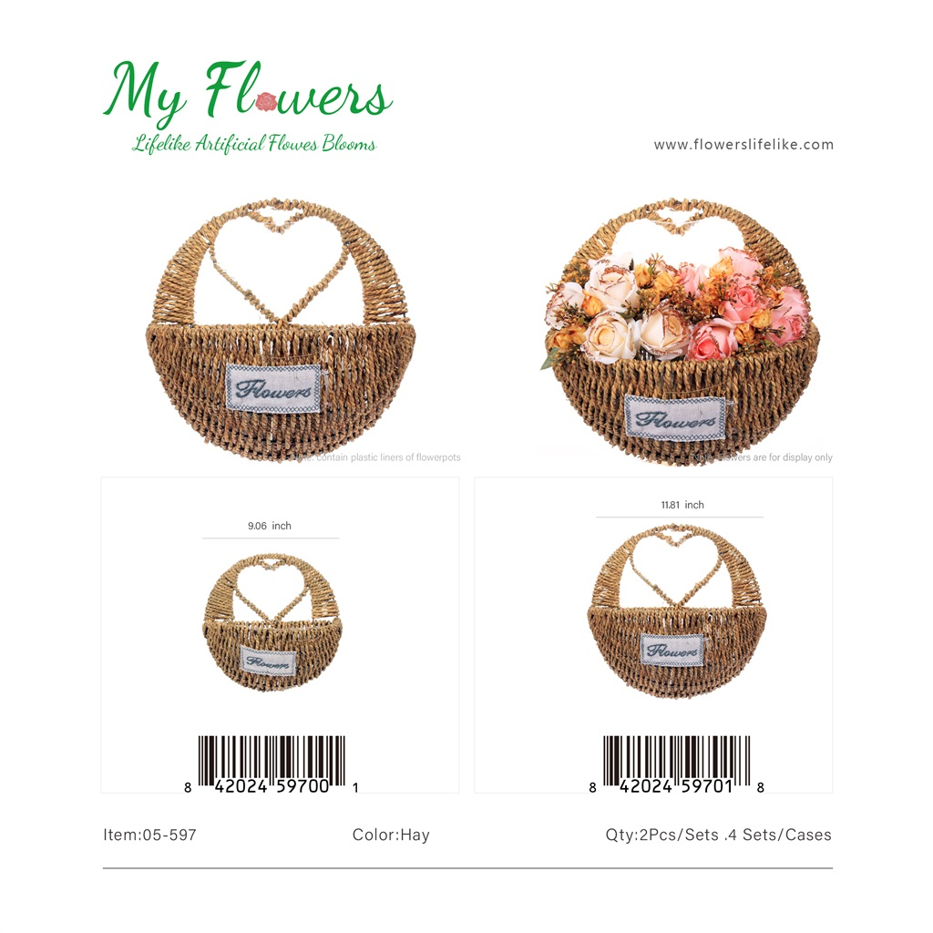 Hay Color Round Woven Wall Basket Heart Handle Flowers Tag Set of 2 - MyFlowers 05-597