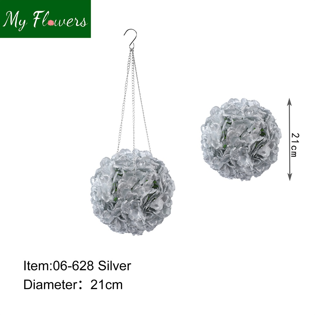 Silver Hanging Silk Hydrangea Ball with Chain Hook 8.27 inch - MyFlowers 06-628 Silver