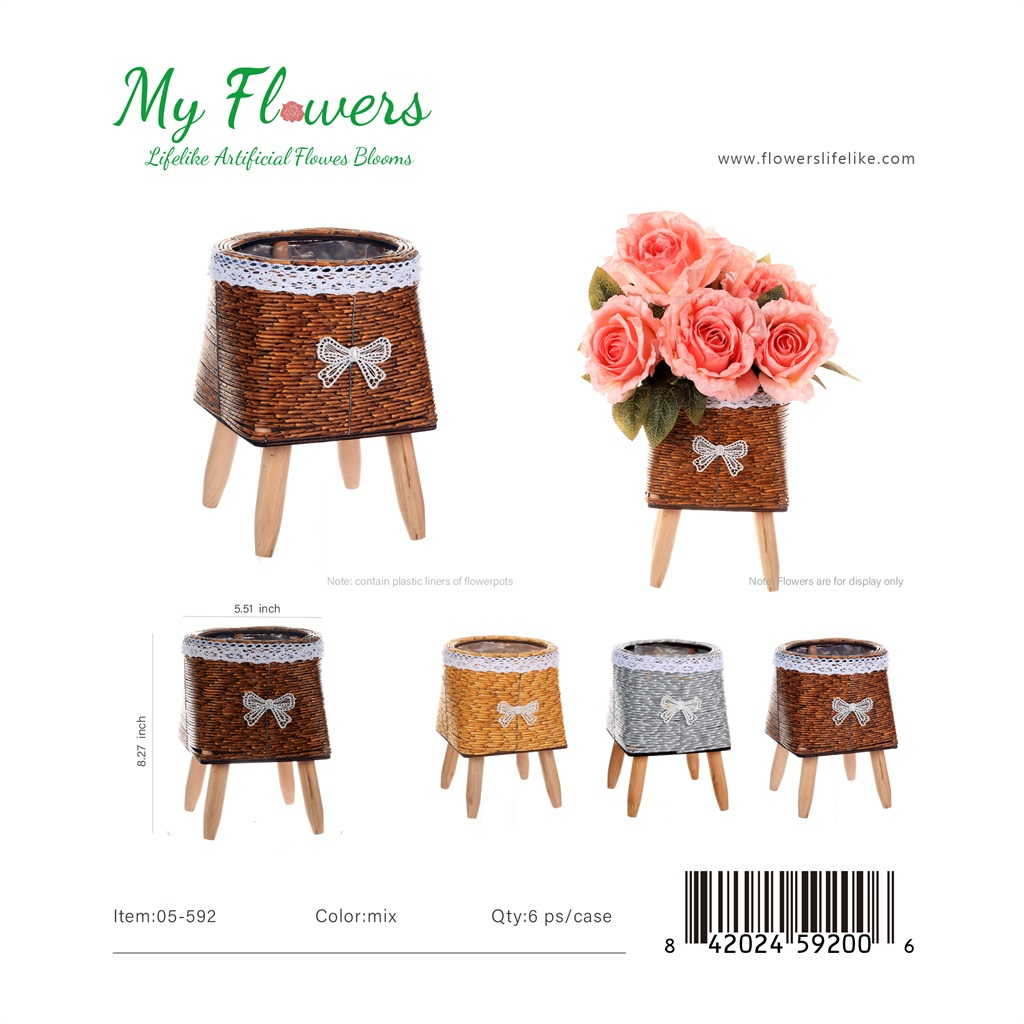 Mix Color Woven Basket Planter on Wood Legs Lace Trim Bow 5.51x8.27 inch - MyFlowers 05-592