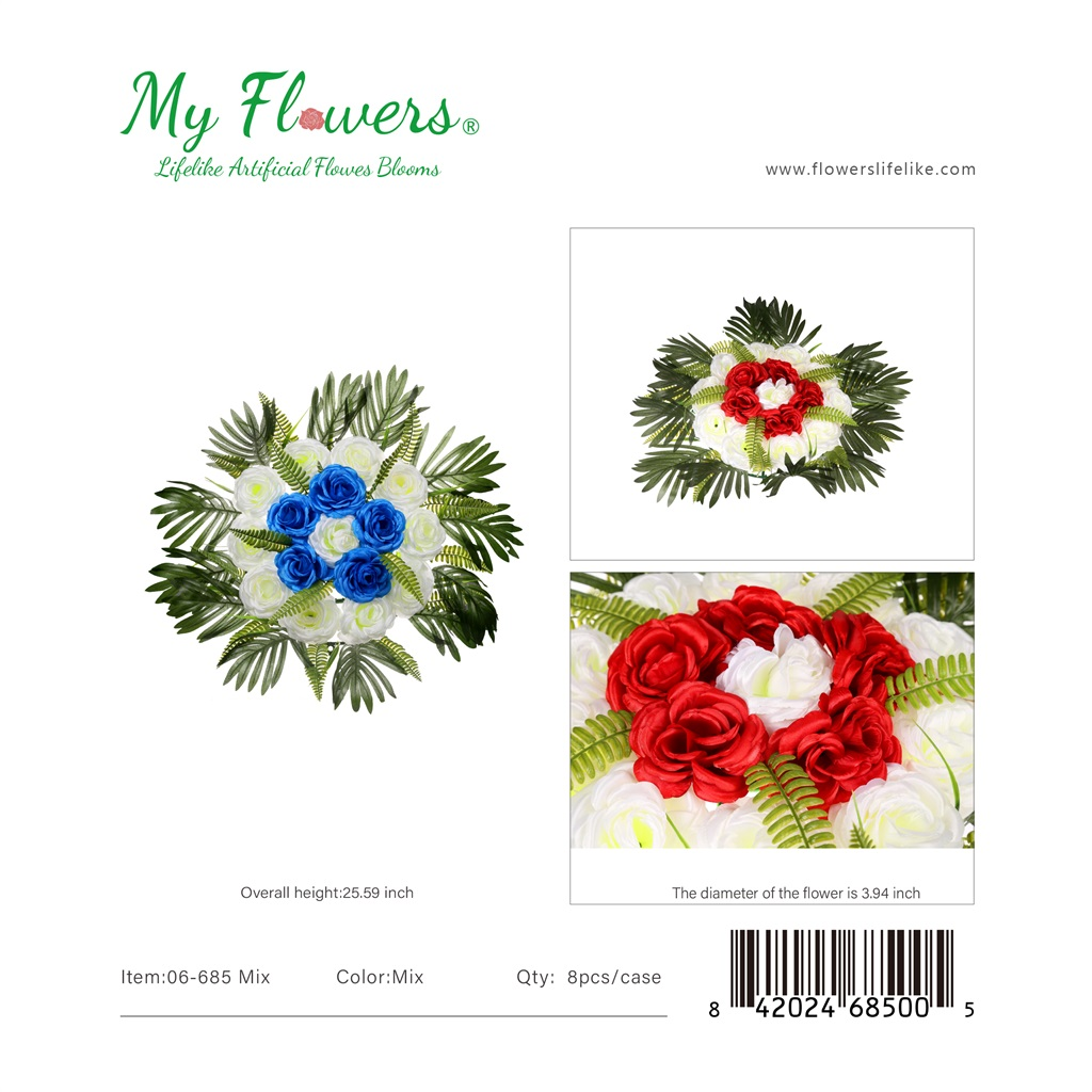 Mix Color 16-Head Silk Rose Memorial Bouquet with Fern Leaves 25.59 inch - MyFlowers 06-685 Mix