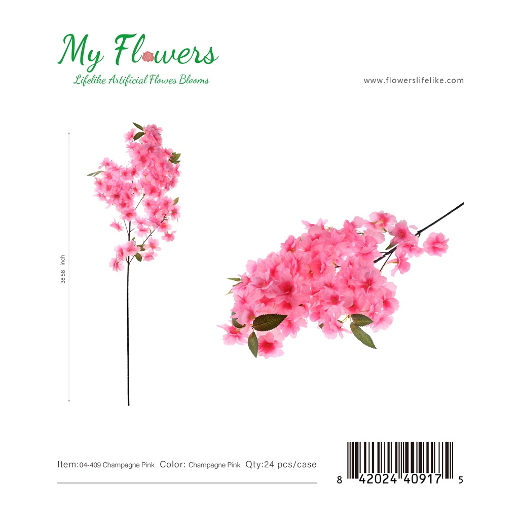 Champagne Pink Artificial Silk Cherry Blossom Long Stem 39.4 inch - MyFlowers 04-409 Champagne Pink