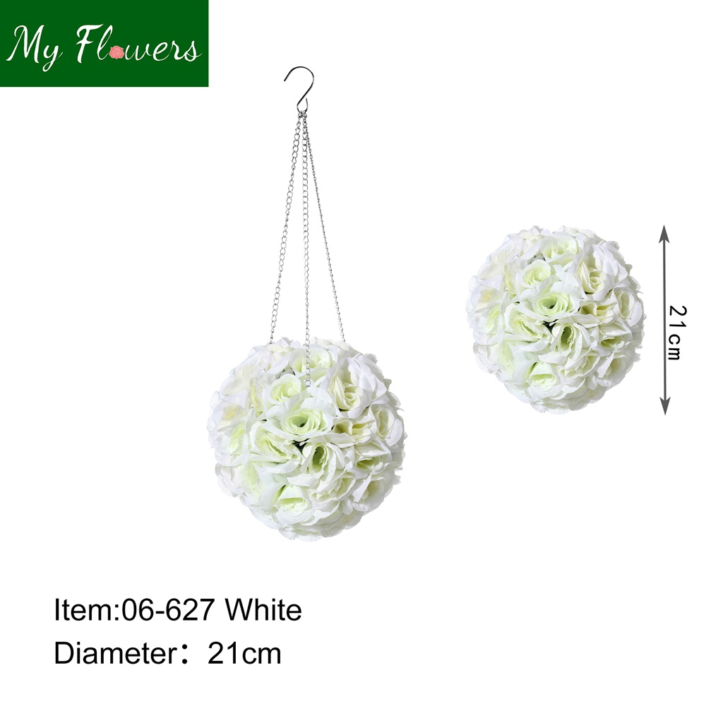 White Hanging Silk Rose Ball with Chain Hook 8.27 inch - MyFlowers 06-627 White