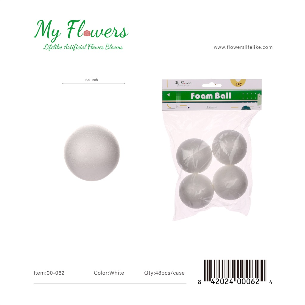 2.4 inch White Foam Balls 4 pieces per bag - MyFlowers line