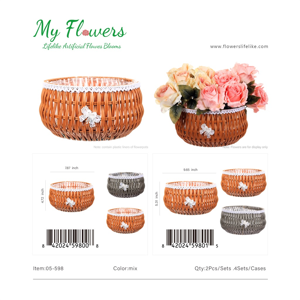 Mix Color Round Woven Bowl Basket Planter Lace Trim Butterfly Set of 2 - MyFlowers 05-598