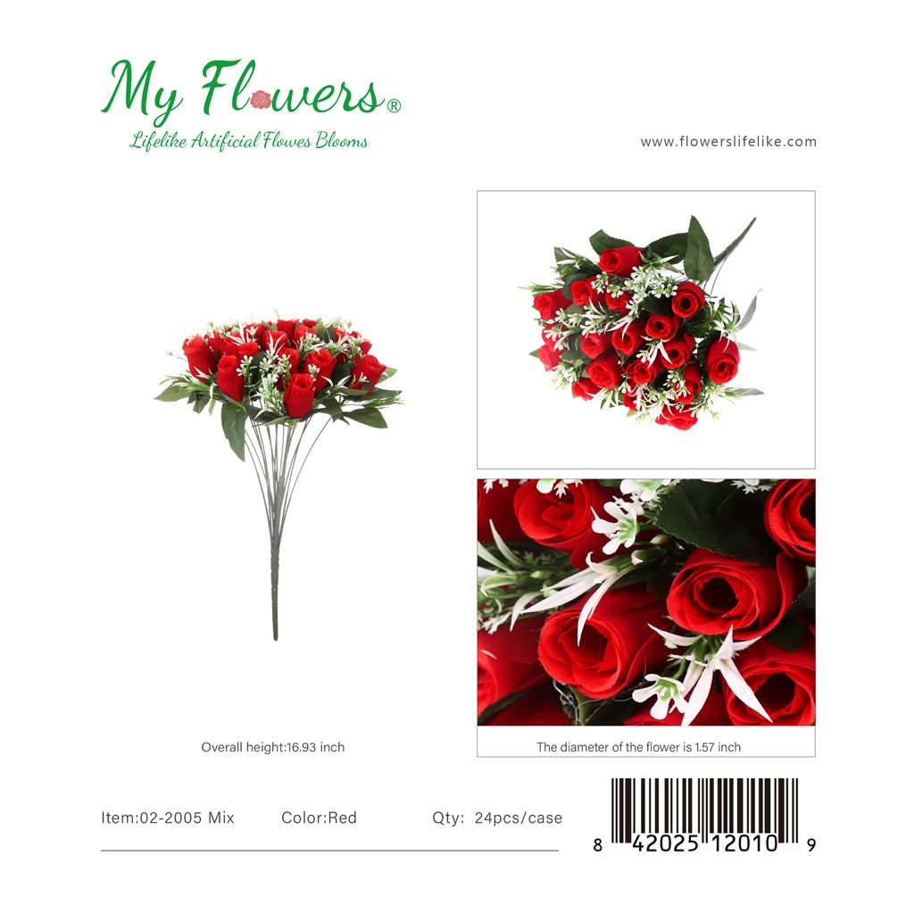 16.93 inch 18-Head Red Rose Bud Bush Artificial Flower Bouquet - MyFlowers line