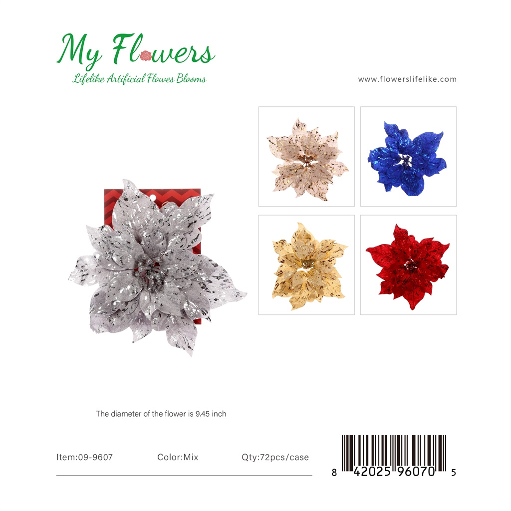 9.5 inch Christmas Glitter Speckle Poinsettia Flowers in Silver, Blue, Gold and Red - MyFlowers line
