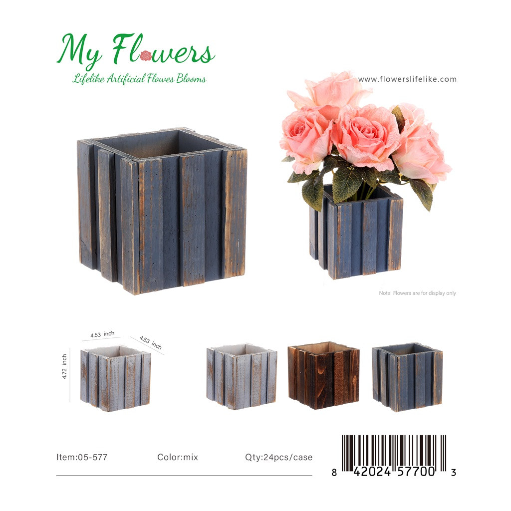 Mix Color Rustic Slatted Wood Square Planter Vase 4.72 inch - MyFlowers 05-577